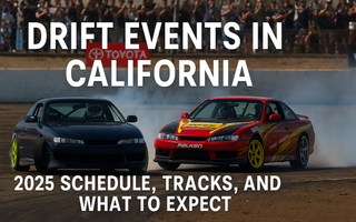 Two drift cars mid-tandem at a California track with a cheering crowd in the background