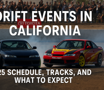 Two drift cars mid-tandem at a California track with a cheering crowd in the background