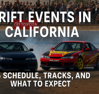 Two drift cars mid-tandem at a California track with a cheering crowd in the background