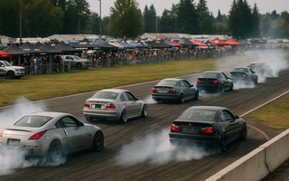 A line of drift cars on track with tire smoke during 2025 drift event, paddock tents visible