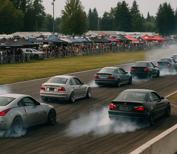 A line of drift cars on track with tire smoke during 2025 drift event, paddock tents visible