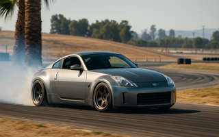 Slammed Nissan 350Z drifting past a palm tree at a motorsport event on a track layout.