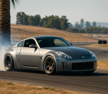 Slammed Nissan 350Z drifting past a palm tree at a motorsport event on a track layout.