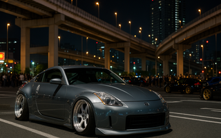 Slammed Nissan 350Z with widebody kit parked under a Tokyo expressway bridge at a night car meet, showcasing low ride height, camber, and vibrant city lights.