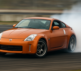 Nissan 350Z drifting with angle kit installed and wide steering angle