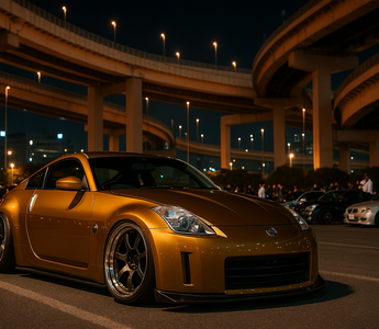 Lowered Nissan 350Z on coilovers at a Tokyo car meet under a bridge, with wide wheels, slammed stance, and vibrant night lighting.