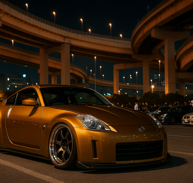 Lowered Nissan 350Z on coilovers at a Tokyo car meet under a bridge, with wide wheels, slammed stance, and vibrant night lighting.