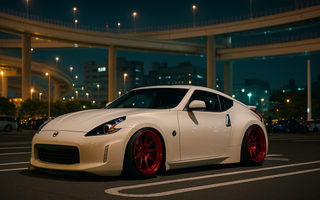 Slammed Nissan 370Z with 370Z coilovers and red wheels parked in a Tokyo car show parking lot under an illuminated highway bridge at night, surrounded by city lights and reflections.