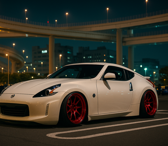 Slammed Nissan 370Z with 370Z coilovers and red wheels parked in a Tokyo car show parking lot under an illuminated highway bridge at night, surrounded by city lights and reflections.
