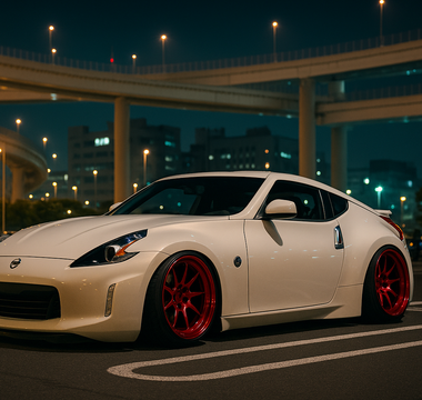 Slammed Nissan 370Z with 370Z coilovers and red wheels parked in a Tokyo car show parking lot under an illuminated highway bridge at night, surrounded by city lights and reflections.