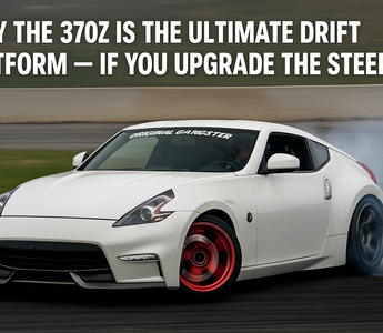 Nissan 370Z with wide angle drift kit initiating a high-speed corner at a drift event