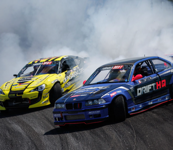 Adam LZ E36 driving at Formula Drift sideways and his suspension installed from SLR