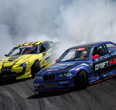 Adam LZ E36 driving at Formula Drift sideways and his suspension installed from SLR