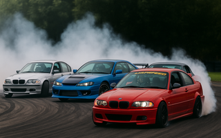 Four car drifting chassis on track