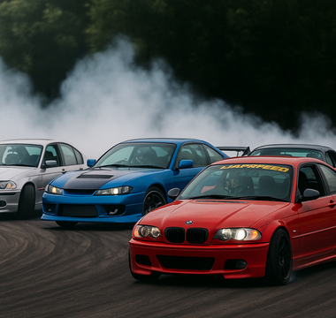 Four car drifting chassis on track