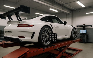 White GT3 race car on an alignment rack in a professional workshop with alignment targets mounted on all four wheels.