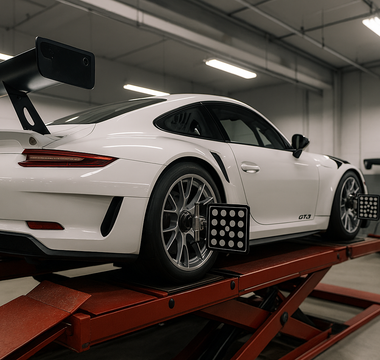 White GT3 race car on an alignment rack in a professional workshop with alignment targets mounted on all four wheels.