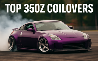 A purple 350Z drifting on adjustable coilovers for drifting with title overlay saying TOP 350Z COILOVERS