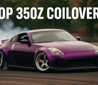A purple 350Z drifting on adjustable coilovers for drifting with title overlay saying TOP 350Z COILOVERS