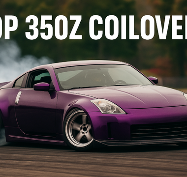 A purple 350Z drifting on adjustable coilovers for drifting with title overlay saying TOP 350Z COILOVERS
