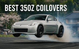 A 350Z jump drifting with coilovers installed, title saying BEST 350Z COILOVERS