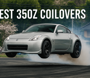 A 350Z jump drifting with coilovers installed, title saying BEST 350Z COILOVERS