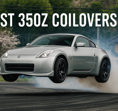 A 350Z jump drifting with coilovers installed, title saying BEST 350Z COILOVERS