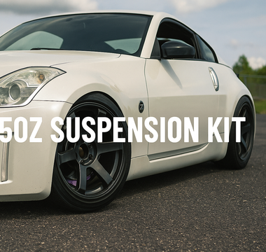 Nissan 350Z with aftermarket suspension kit installed, showcasing aggressive stance and camber settings.