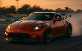 Slammed Nissan 370Z on coilovers parked in a race paddock at sunset, featuring track tires, aggressive stance, and warm reflections on the body.