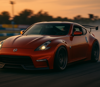 Slammed Nissan 370Z on coilovers parked in a race paddock at sunset, featuring track tires, aggressive stance, and warm reflections on the body.