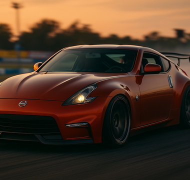 Slammed Nissan 370Z on coilovers parked in a race paddock at sunset, featuring track tires, aggressive stance, and warm reflections on the body.