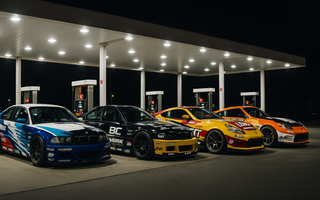 Four slammed widebody drift cars with full sponsor livery — E46, E36, 350Z, and 370Z — parked side by side under bright gas station lights at night with angle kits.