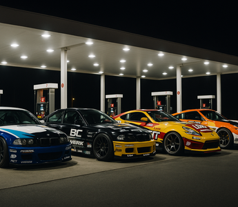 Four slammed widebody drift cars with full sponsor livery — E46, E36, 350Z, and 370Z — parked side by side under bright gas station lights at night with angle kits.
