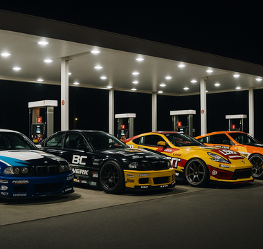 Four slammed widebody drift cars with full sponsor livery — E46, E36, 350Z, and 370Z — parked side by side under bright gas station lights at night with angle kits.