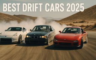 A 370Z, E36, and RX7 FD drifting side by side in Arizona