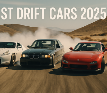 A 370Z, E36, and RX7 FD drifting side by side in Arizona