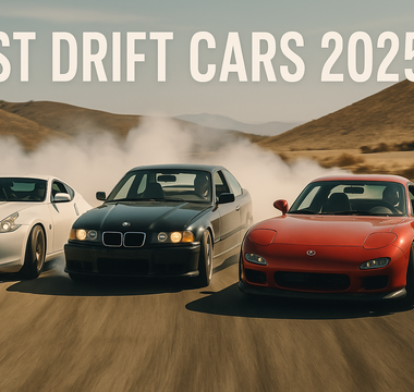A 370Z, E36, and RX7 FD drifting side by side in Arizona
