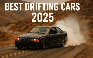 An image of an E36 drift car on a desert mountain road with the words BEST DRIFTING CARS 2025 written over the image