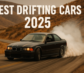 An image of an E36 drift car on a desert mountain road with the words BEST DRIFTING CARS 2025 written over the image