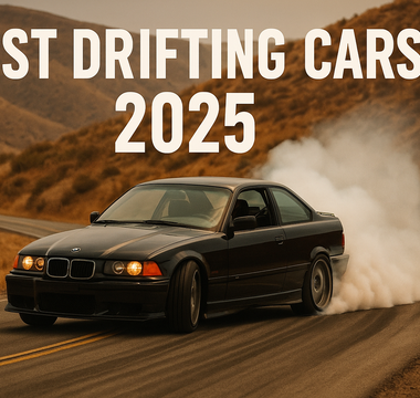 An image of an E36 drift car on a desert mountain road with the words BEST DRIFTING CARS 2025 written over the image