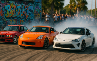 An E36, 350Z, and GT86 drifting side by side in Florida at drift event