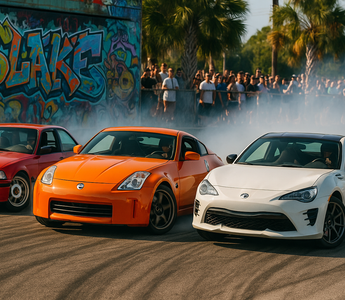 An E36, 350Z, and GT86 drifting side by side in Florida at drift event
