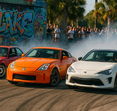 An E36, 350Z, and GT86 drifting side by side in Florida at drift event