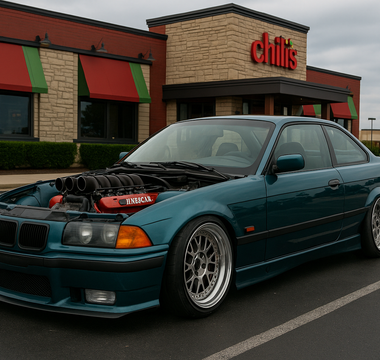A slammed BMW E36 with NASCAR V8 engine exposed, parked in a Chili’s restaurant parking lot.