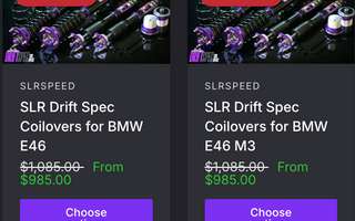 E46 and E46 M3 Coilovers shown on screen with pricing