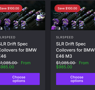 E46 and E46 M3 Coilovers shown on screen with pricing