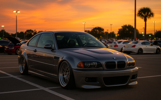 Slammed BMW E46 M3 with aggressive fitment sitting in a Florida car show parking lot at sunset, featuring SLRspeed E46 coilovers and palm trees in the background.
