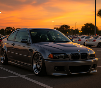 Slammed BMW E46 M3 with aggressive fitment sitting in a Florida car show parking lot at sunset, featuring SLRspeed E46 coilovers and palm trees in the background.