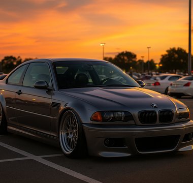 Slammed BMW E46 M3 with aggressive fitment sitting in a Florida car show parking lot at sunset, featuring SLRspeed E46 coilovers and palm trees in the background.