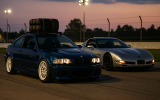 BMW E46 and C5 Corvette lined up in the paddock, tires mounted, ready for drifting under trackside lights
